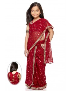 Sari fille enfant Bollywood prêt à porter rouge et doré  - 1