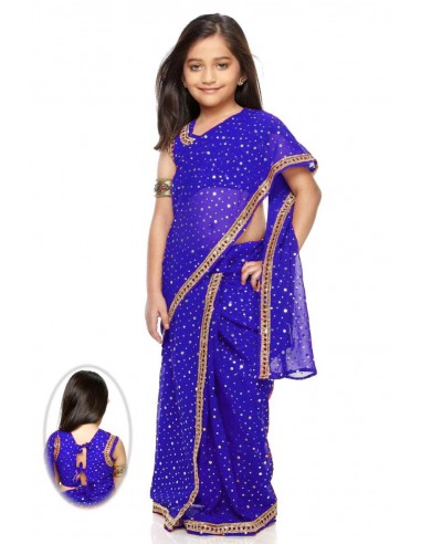 Sari fille enfant Bollywood prêt à porter bleu et doré  - 1