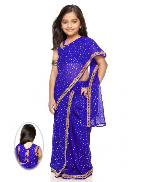 Sari fille enfant Bollywood prêt à porter bleu et doré  - 1