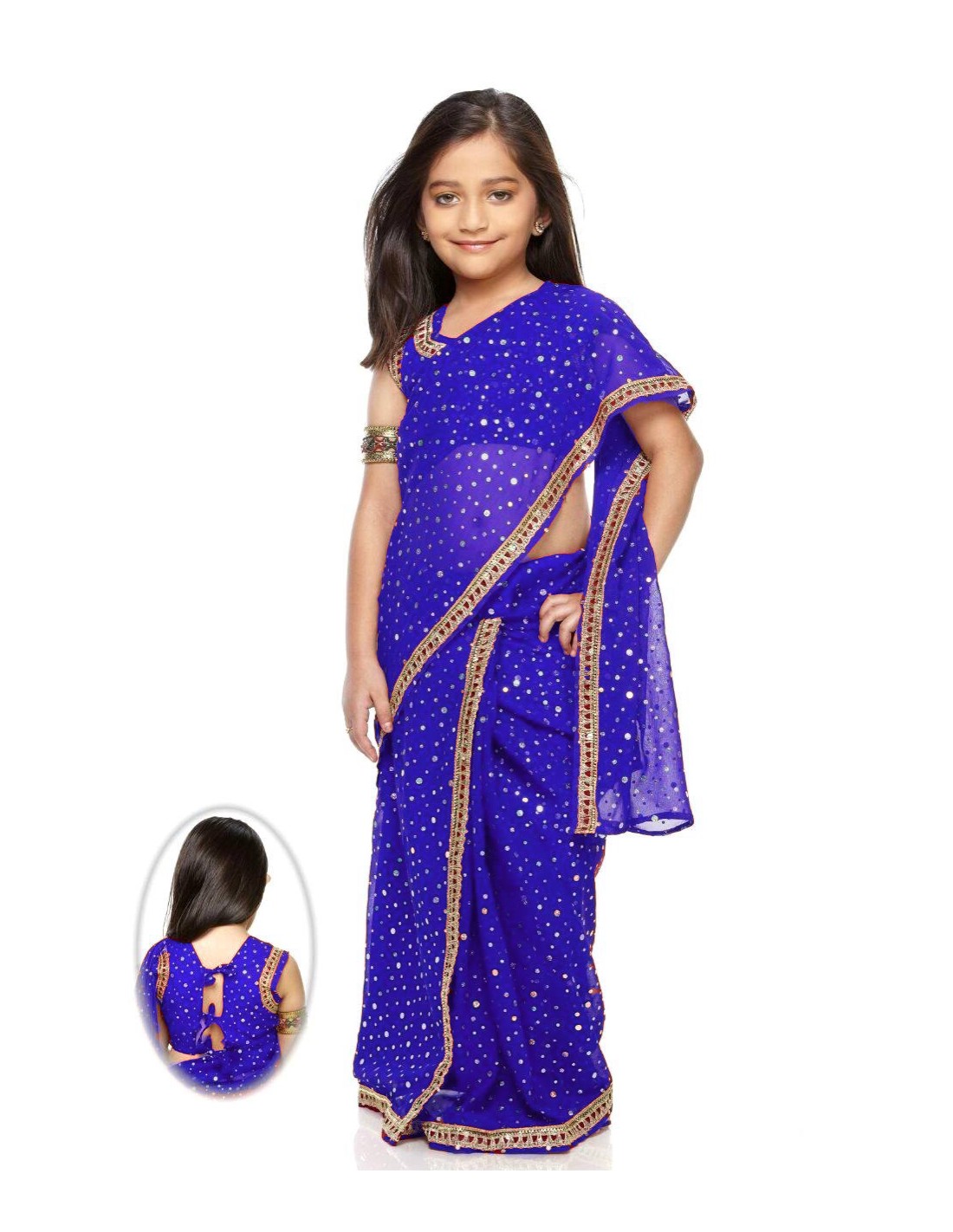 Sari fille enfant Bollywood prêt à porter bleu et doré Enfant