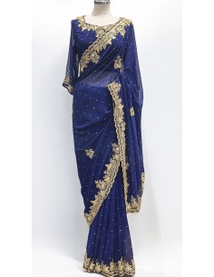 Sari indien strass bleu nuit et doré pavitra  - 1