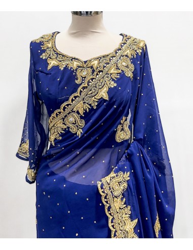 Sari indien strass bleu nuit et doré pavitra  - 2