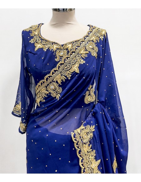 Sari indien strass bleu nuit et doré pavitra  - 2