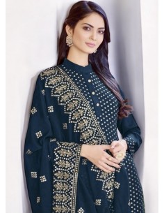 Ensemble Salwar Kameez Bleu Foncé avec Broderies Dorées et Dupatta Luxe  - 2 2