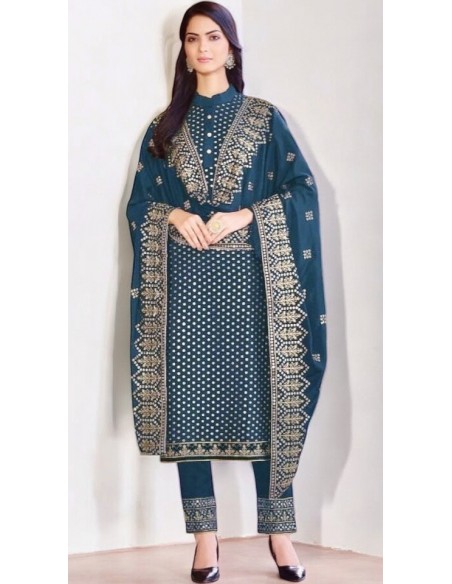 Ensemble Salwar Kameez Bleu Foncé avec Broderies Dorées et Dupatta Luxe  - 2