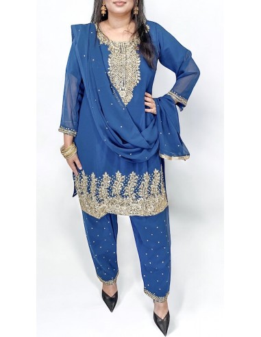 Robe indienne Salwar Kameez perlé Bleu paon et doré  - 1