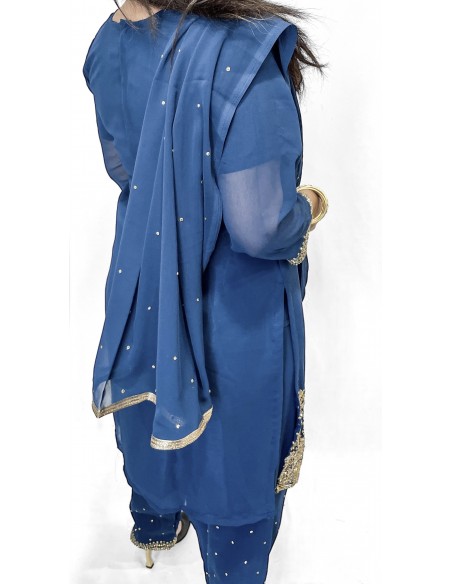 Robe indienne Salwar Kameez perlé Bleu paon et doré  - 3