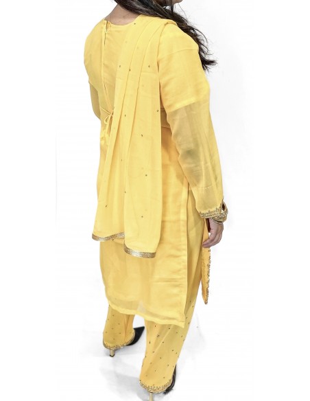 Robe indienne Salwar Kameez perlé jaune et doré  - 3