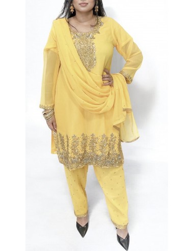 Robe indienne Salwar Kameez perlé jaune et doré  - 1