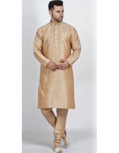 kurta Tenue indien brodé Qamis homme doré beige  - 1