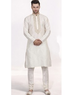 kurta Tenue indien brodé Qamis homme Blanc cassé  - 1