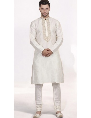 kurta Tenue indien brodé Qamis homme Blanc cassé  - 1