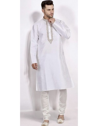 kurta Tenue indien brodé Qamis homme Blanc  - 1