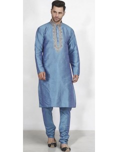 kurta Tenue indien brodé Qamis homme Bleu clair  - 1