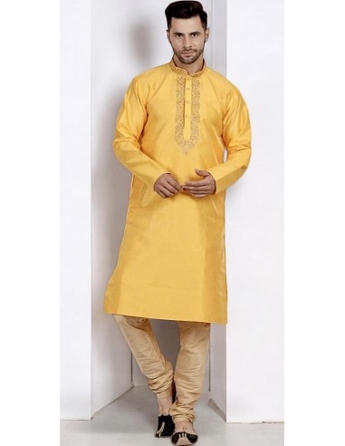 kurta Tenue indien brodé Qamis homme Jaune  - 1