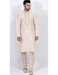 kurta Tenue indien brodé Qamis homme Rose clair  - 1