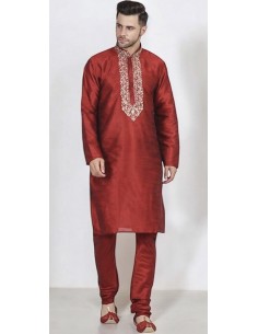 kurta Tenue indien brodé Qamis homme Rouge  - 1