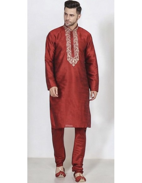 kurta Tenue indien brodé Qamis homme Rouge  - 1