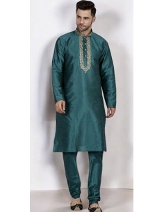 kurta Tenue indien brodé Qamis homme vert  - 1