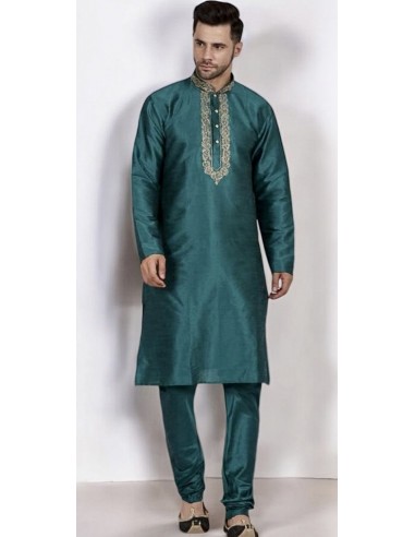 kurta Tenue indien brodé Qamis homme vert  - 1