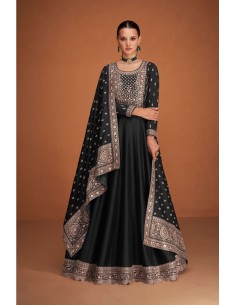 Robe Anarkali Noire avec Broderies Dorées et Dupatta Élégante  - 1