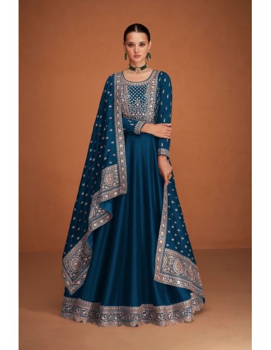 Robe Anarkali Bleu Canard avec Broderies Dorées et Dupatta Prestige  - 1