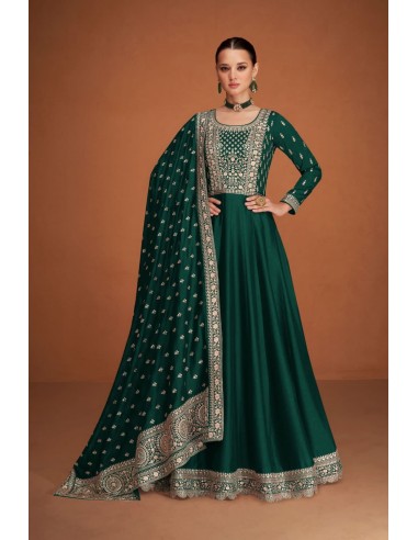 Robe Anarkali Verte avec Broderies Dorées et Dupatta Royale  - 1