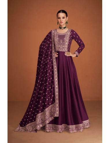 Robe Anarkali Violette avec Broderies Dorées et Dupatta Élégante  - 1