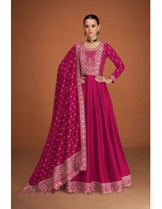 Robe Anarkali Fuchsia avec Broderies Dorées et Dupatta Luxe  - 1