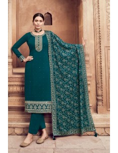 Ensemble Salwar Kameez Vert Émeraude avec Broderies Dorées et Dupatta Luxueuse  - 1