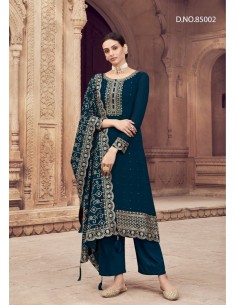 Ensemble Salwar Kameez Bleu avec Broderies Dorées et Dupatta Élégante  - 1