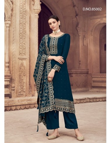 Ensemble Salwar Kameez Bleu avec Broderies Dorées et Dupatta Élégante  - 1