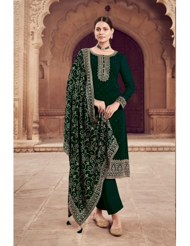 Ensemble Salwar Kameez Vert Émeraude avec Broderies Dorées et Dupatta Luxueuse  - 1