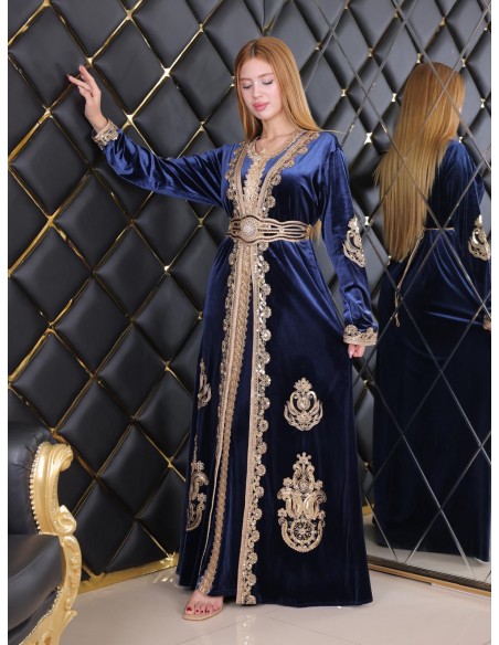 Takchita velours caftan Lille Bleu Robe oriental  - 5