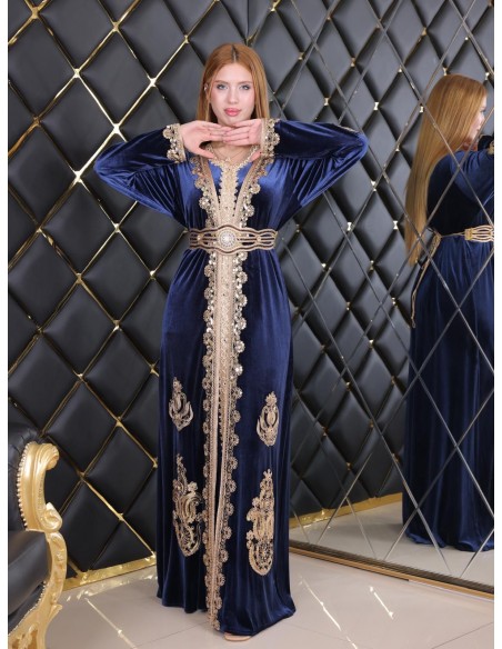 Takchita velours caftan Lille Bleu Robe oriental  - 4