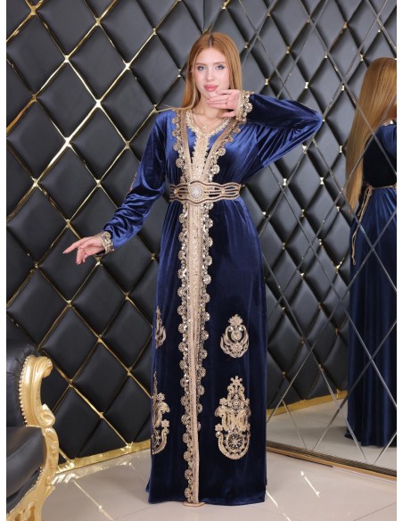 Takchita velours caftan Lille Bleu Robe oriental  - 3