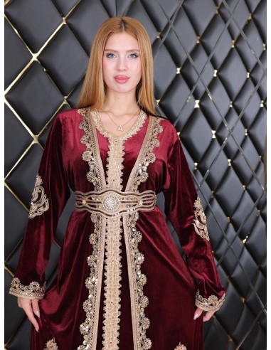 Caftan en Velours Bordeaux avec Broderies bronze dorées - chic à Petit Prix  - 8