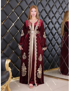 Caftan en Velours Bordeaux avec Broderies bronze dorées - chic à Petit Prix  - 1