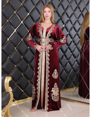 Caftan en Velours Bordeaux avec Broderies bronze dorées - chic à Petit Prix  - 6