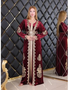 Caftan en Velours Bordeaux avec Broderies bronze dorées - chic à Petit Prix  - 1 2