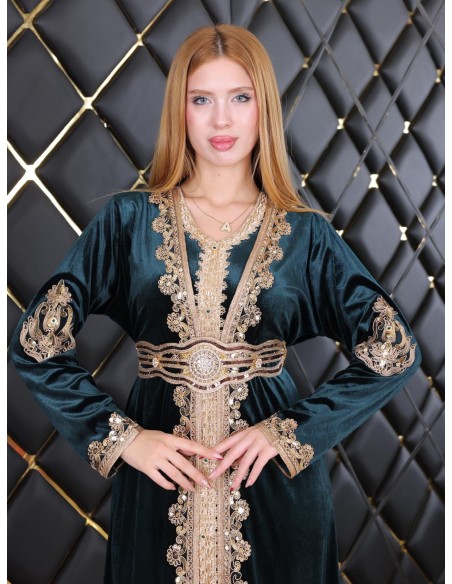 Caftan en Velours vert émeraude avec Broderies bronze dorées - chic à Petit Prix  - 6