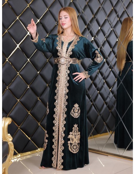 Caftan en Velours vert émeraude avec Broderies bronze dorées - chic à Petit Prix  - 3