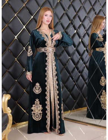 Caftan en Velours vert émeraude avec Broderies bronze dorées - chic à Petit Prix  - 4