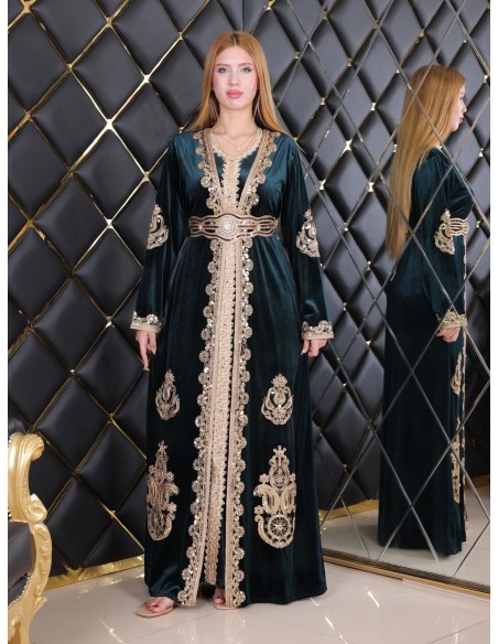 Caftan en Velours vert émeraude avec Broderies bronze dorées - chic à Petit Prix  - 1