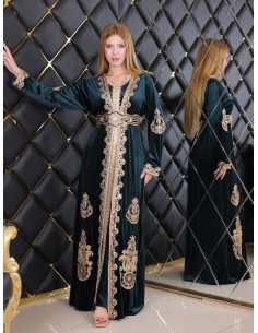 Caftan en Velours vert émeraude avec Broderies bronze dorées - chic à Petit Prix - 1 2