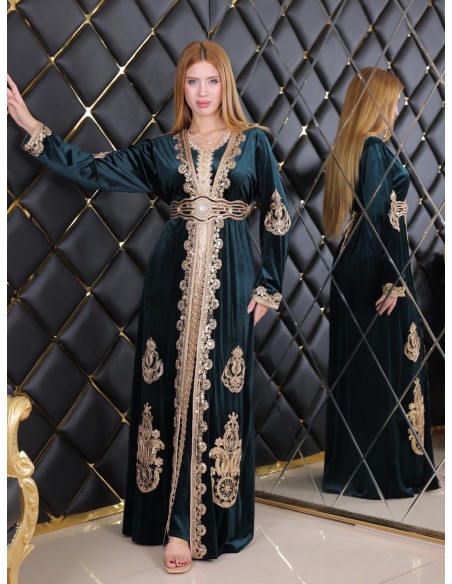 Caftan en Velours vert émeraude avec Broderies bronze dorées - chic à Petit Prix  - 2