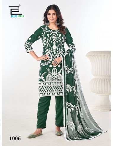 Ensemble Salwar Kameez Vert avec Broderies Blanches et Dupatta Transparente  - 1