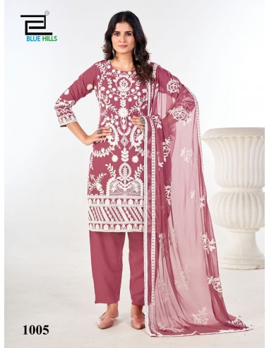 Ensemble Salwar Kameez Rose avec Broderies Blanches et Dupatta Transparente  - 1