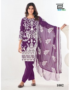 Ensemble Salwar Kameez Violet avec Broderies Blanches et Dupatta Transparente  - 1