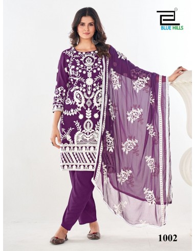 Ensemble Salwar Kameez Violet avec Broderies Blanches et Dupatta Transparente  - 1